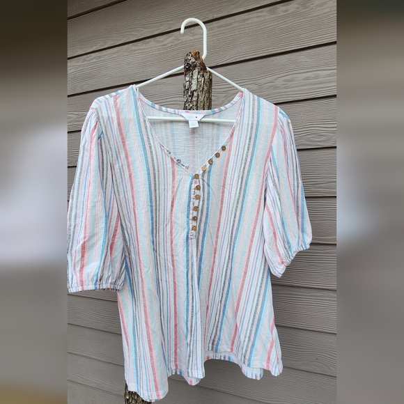 intro. Tops - Intro. 100% Cotton Multicolor Striped Blouse with Button Detail